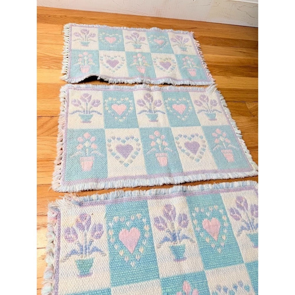 VTG 3 Pastel Heart Floral Placemats Rectangular 2 Sided 1990s Spring Cottagecore - Picture 7 of 15